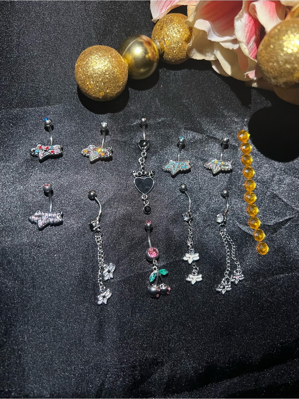 10 Piece Silver Dangle/Not Belly Ring Set - Silver and Pink